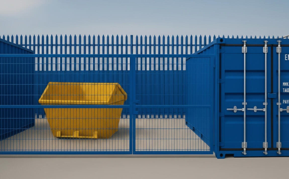 Boxxs Micro Yard in Linlithgow showing a 20ft self storage container with a yellow skip in the fenced yard, ideal for trades and businesses from Bo’ness and West Lothian